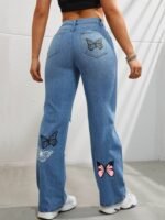 Women's High Waisted Straight Leg Jeans with Distressed Accents - Image 2