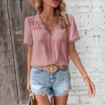 Women's Lace V-neck Short Sleeve Blouse - Image 8