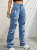 Women's High Waisted Straight Leg Jeans with Distressed Accents - Image 5