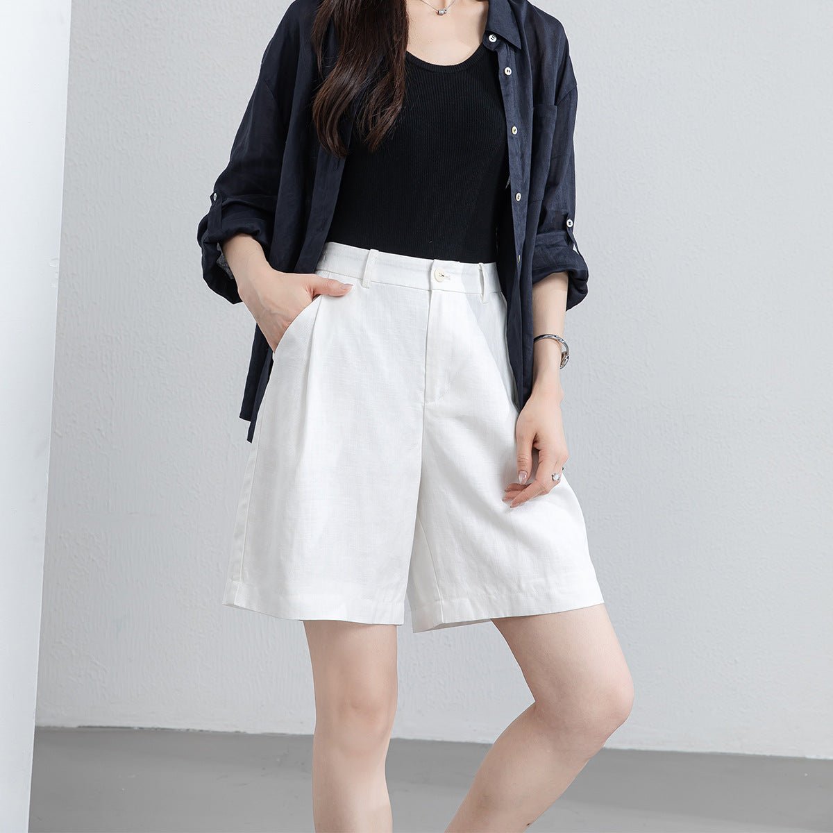 2d378b37-3796-4877-8a94-ce57d192922d Women's High Waist Linen Cropped Shorts - Image 1