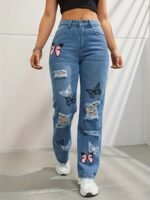 Women's High Waisted Straight Leg Jeans with Distressed Accents - Image 3