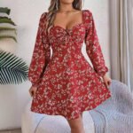Women's Floral Print A-Line Dress with Lantern Sleeves - Image 7