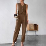 Womens Elegant Two Piece Set with Sleeveless Top and Trousers