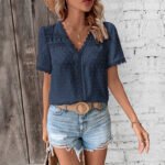 Women's Lace V-neck Short Sleeve Blouse - Image 13