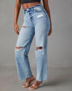 Women's Ripped Raw-Hem Denim Straight-Leg Jeans - Image 6