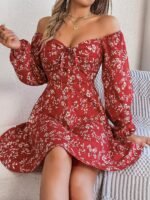 Women's Floral Print A-Line Dress with Lantern Sleeves - Image 4