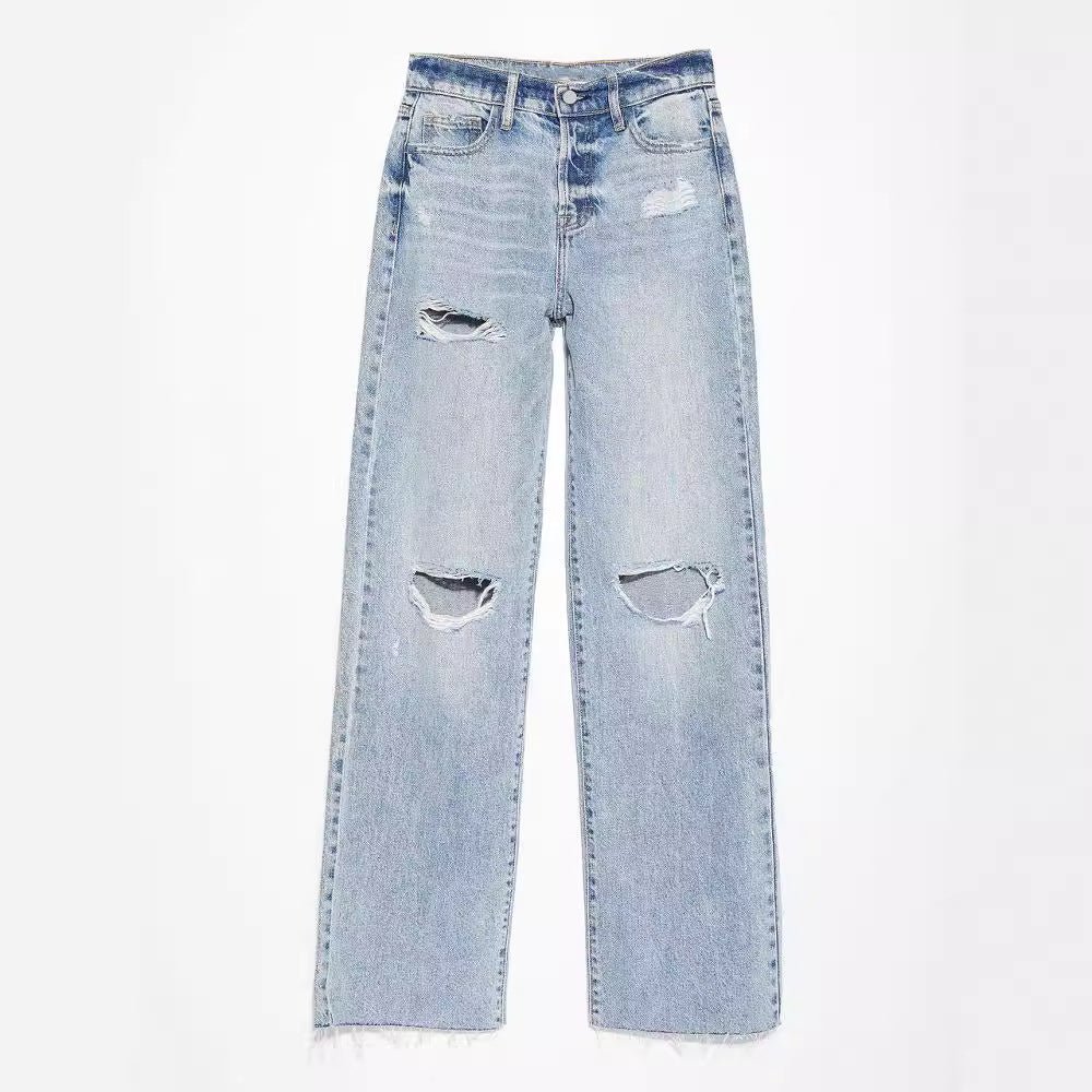 8fd3a920-d5ac-4c29-9ab4-31ab2176e83d Women's Ripped Raw-Hem Denim Straight-Leg Jeans - Image 1
