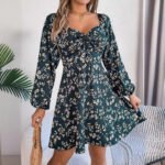 Women's Floral Print A-Line Dress with Lantern Sleeves