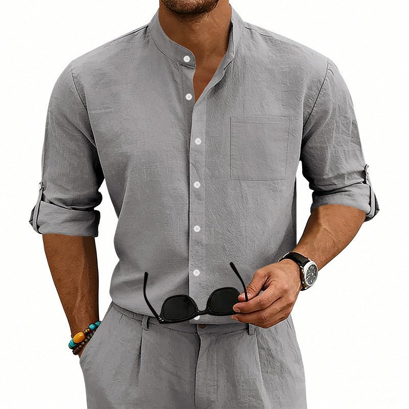 9d560148-e18f-4251-ab78-f372fde07205 Men's Linen Stand-Up Collar Shirt - Image 1