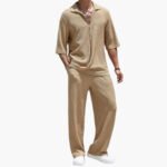 Men's V-Neck Button Closure Two-Piece Outfit Set