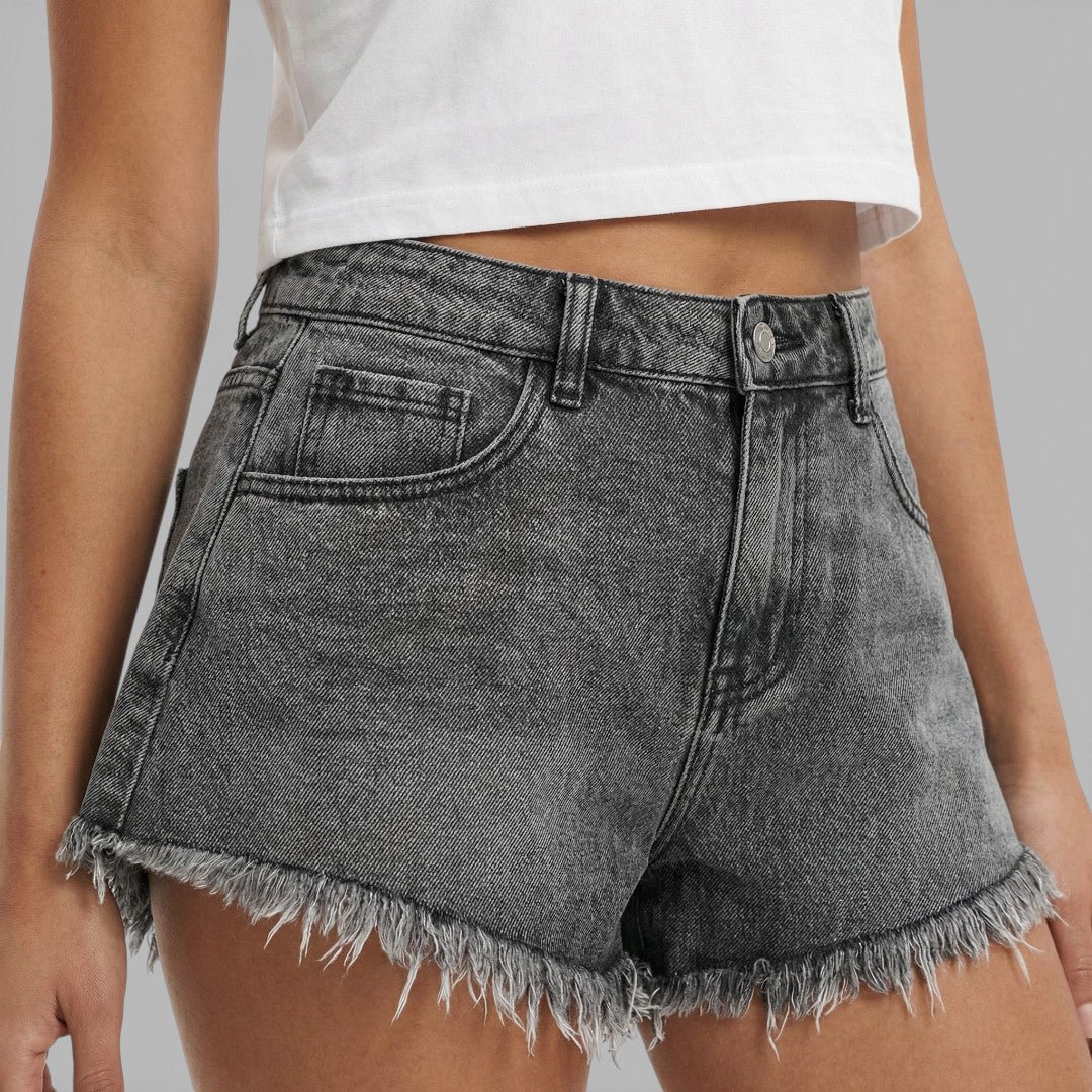 Women's A-Line Denim Shorts with Pockets and Raw Hem - Image 3
