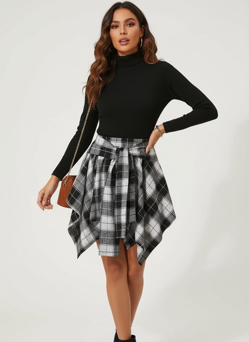 Women's Asymmetrical Skirt with Bow Detail and Diamond Check Pattern - Image 6