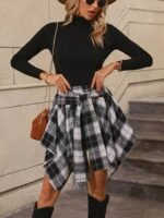 Women's Asymmetrical Skirt with Bow Detail and Diamond Check Pattern - Image 8
