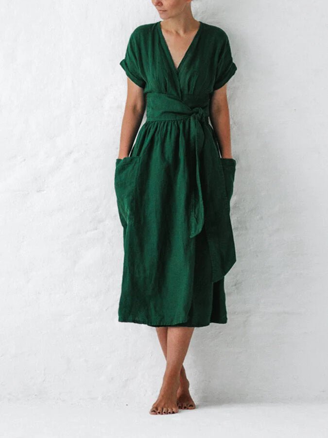 Women's Chic Linen Summer Dress with Lace Loop Band - Image 1