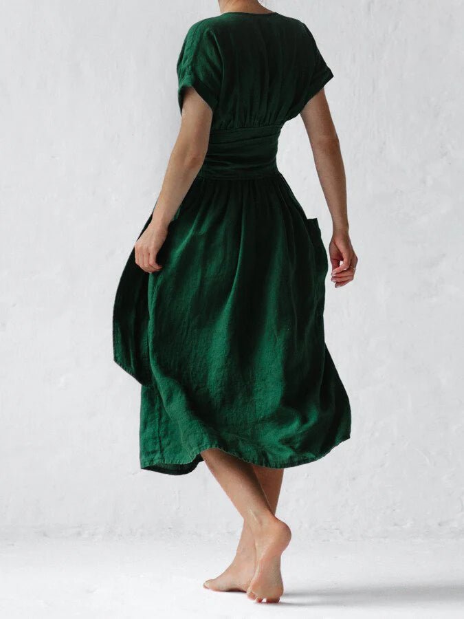 Women's Chic Linen Summer Dress with Lace Loop Band - Image 3