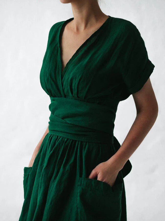 Women's Chic Linen Summer Dress with Lace Loop Band - Image 5