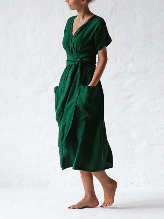 Women's Chic Linen Summer Dress with Lace Loop Band - Image 6
