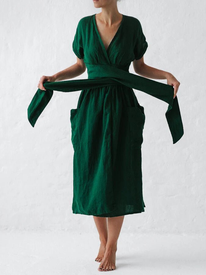 Women's Chic Linen Summer Dress with Lace Loop Band - Image 7