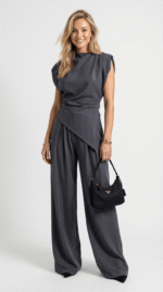 Women's Draped Two-Piece Set with Wide-Leg Trousers - Image 6