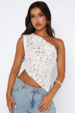 Women's One Shoulder Asymmetrical Lace Going Out Top - Image 8
