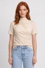 Women's Standing Collar Twisted Detail T-Shirt - Image 2