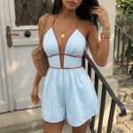 Women's Striped Halter-Neck Deep V Jumpsuit