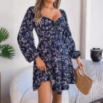 Women's Floral Print A-Line Dress with Lantern Sleeves - Image 2