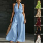Women's V-Neck Halter Neck Wide-Leg Jumpsuit