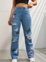 Women's High Waisted Straight Leg Jeans with Distressed Accents - Image 4