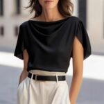 Womens Elegant Draped Top with Short Sleeves