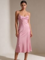 Womens Elegant Satin Midi Slip Dress with Spaghetti Straps - Image 2