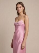 Womens Elegant Satin Midi Slip Dress with Spaghetti Straps