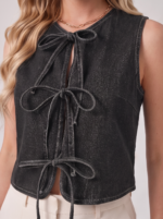 Women's Denim Sleeveless Top with Bow Ties - Image 2