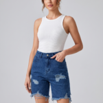 Women's Casual Ripped Denim Shorts Mid-Waist Cropped