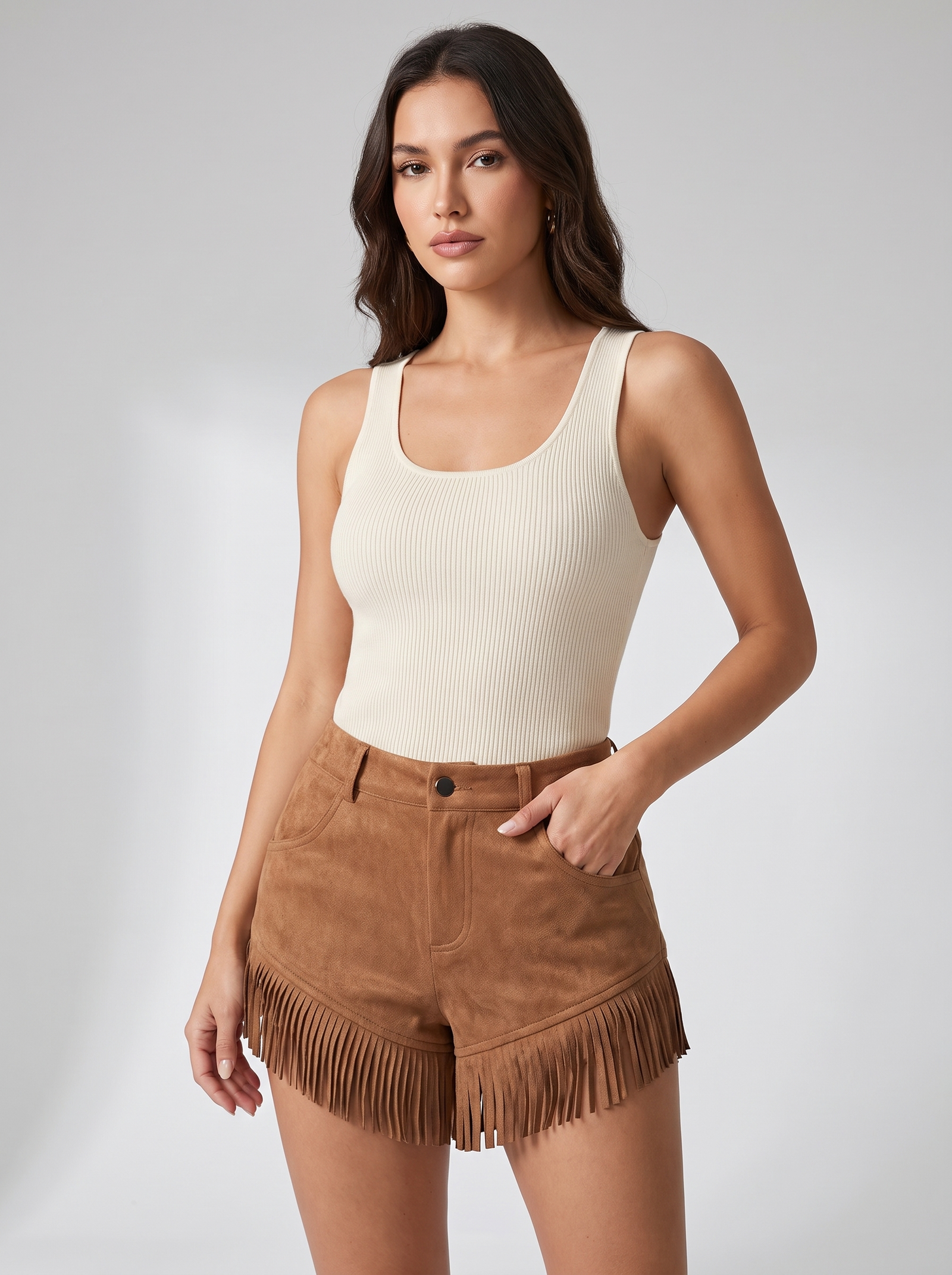 hf_20260721_131842_8fe39fbf-f9b2-4ed0-8913-b6b2bc08dbb6 Women's Retro Western-Style Tassel Suede Shorts - Image 1