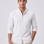 Men's Linen Shirt with Standing Collar for Casual Style