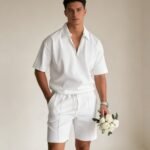 Mens Casual Two Piece Summer Set with Zip Polo Shirt