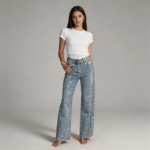 Womens High Waist Straight Leg Jeans with Sparkle Detail